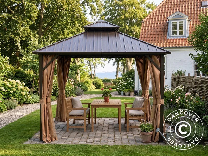 Pavillon Santa Fe Steel+ med gardiner og myggenet, 3x3m, Brun