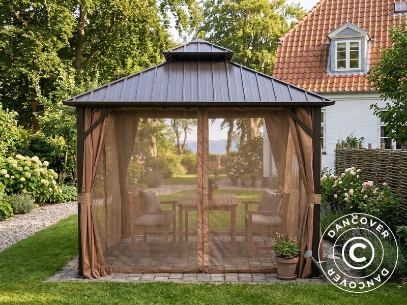 Pavillon Santa Fe Steel+ med gardiner og myggenet, 3x3m, Brun