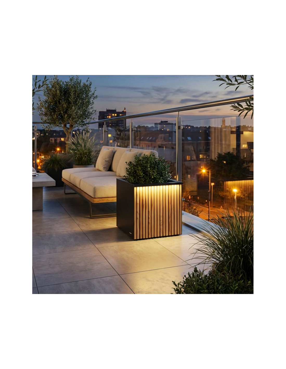 erstera CUBE Højbed med LED lys i stål og fyrretræ H50 x B50 x D53 cm - Antracit/Natur